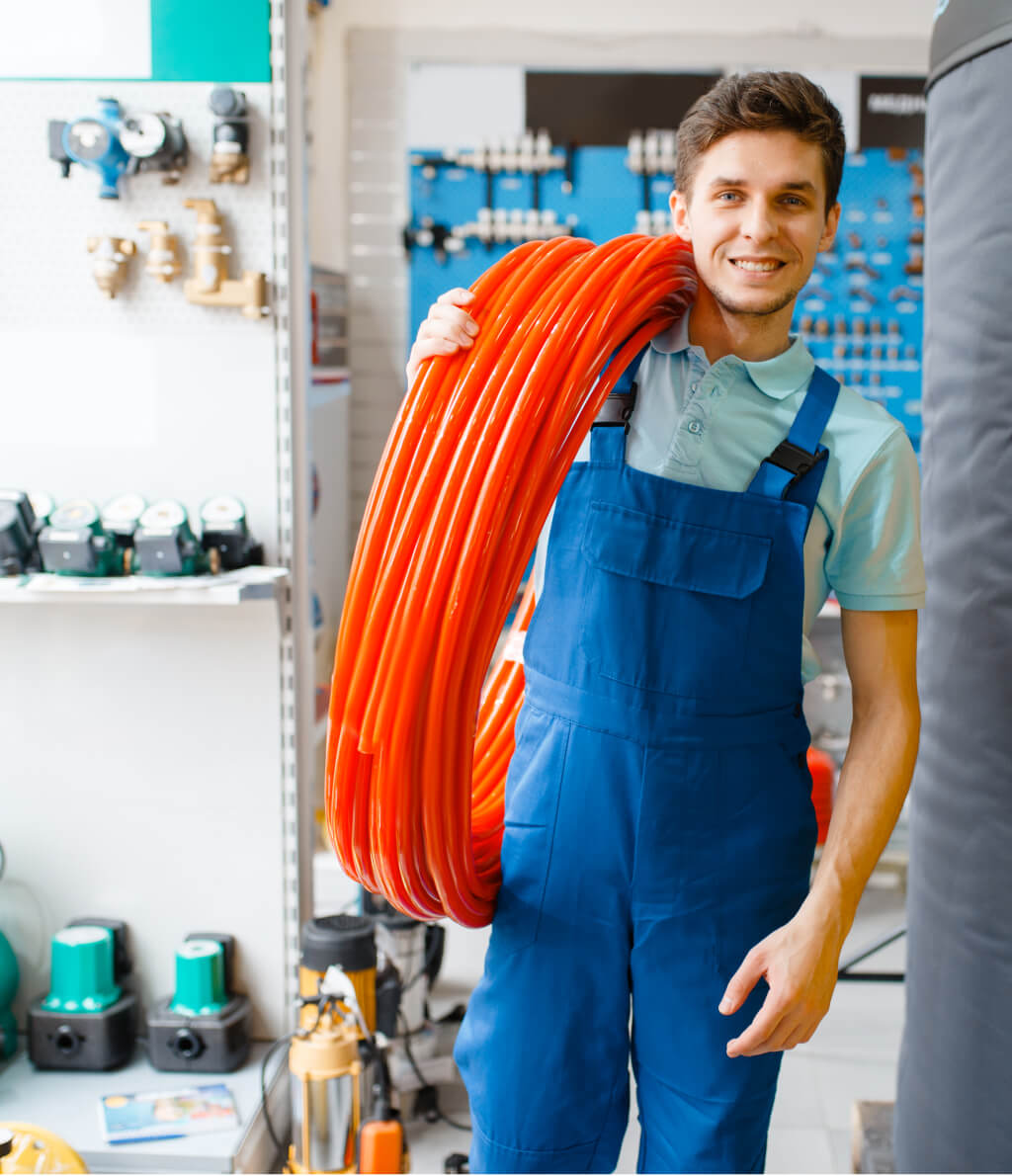 plumber holds pipe roll in plumbering store 2021 08 27 09 27 30 utc 1